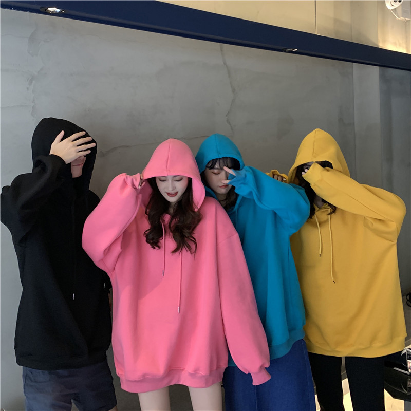 Áo Hoodie Nữ Tay Dài Dáng Rộng Màu Trơn Phong Cách Hàn Quốc