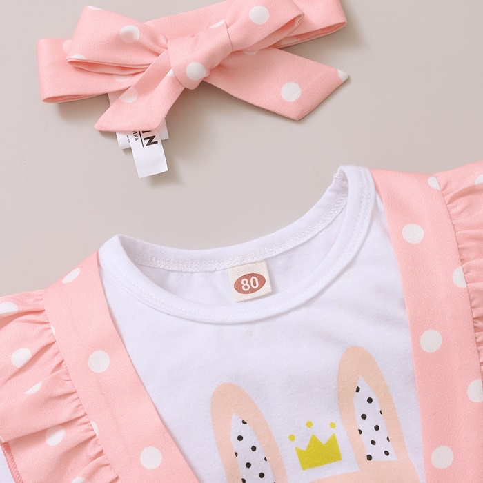 Set 3 món Mikrdoo gồm áo tay ngắn in hình thỏ + quần chấm bi + băng đô cài tóc thời trang mùa hè cho bé gái sơ sinh