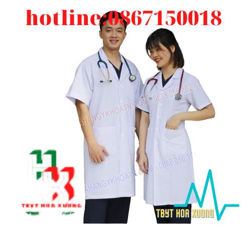 Áo Blue Trắng Bác Sĩ Cộc Tay Dáng Dài Nam,Nữ Dùng Trong Y Tế, Spa, Thẩm Mỹ Viện