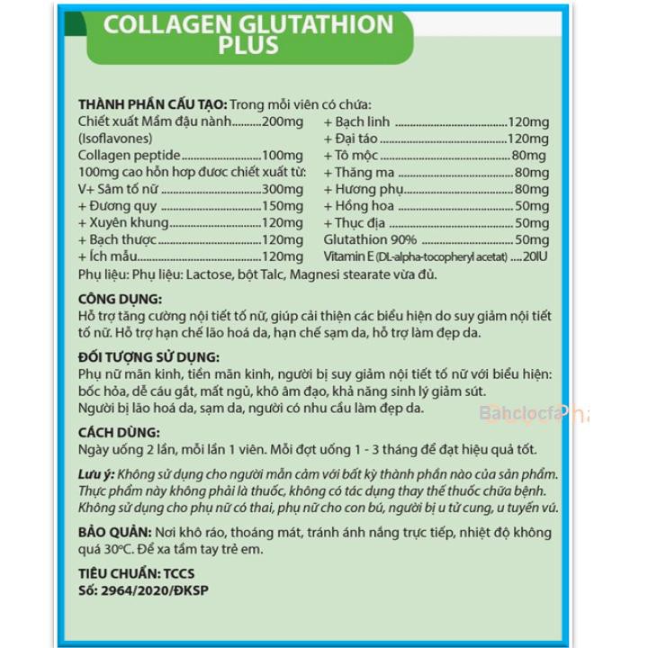 Viên uống đẹp da Collagen Glutathion Plus - thành phần sâm tố nữ 300mg,  Giúp tăng cường nội tiết tố nữ,hết nám, sạm da, | BigBuy360 - bigbuy360.vn