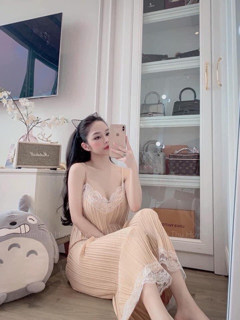 Bộ lụa dập ly 2 dây pha ren cực tiểu thư kèm ảnh thật