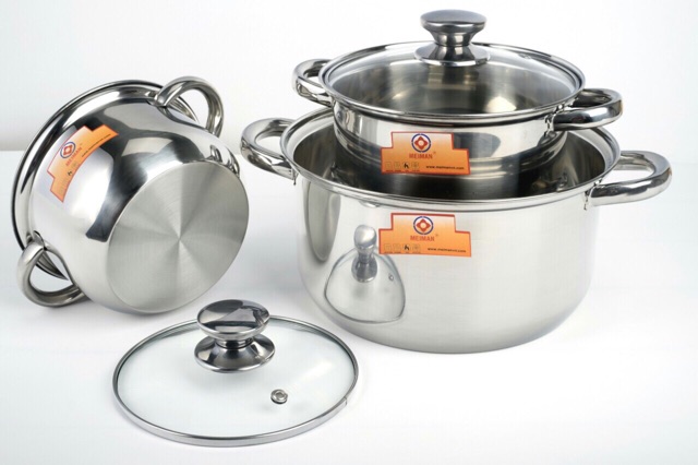 HOT SALE!!! Bộ 3 Nồi INOX, Nắp Thủy Tinh MeiMan + Tặng 2 miếng cước rửa chén