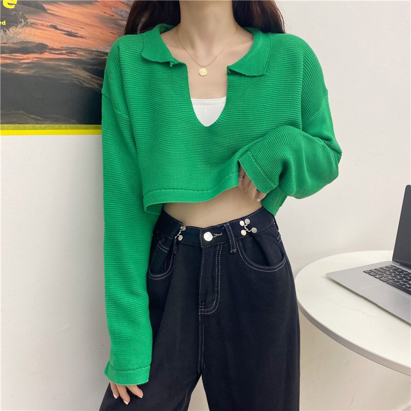 Croptop knit long sleeve V-neck, Korean version | BigBuy360 - bigbuy360.vn