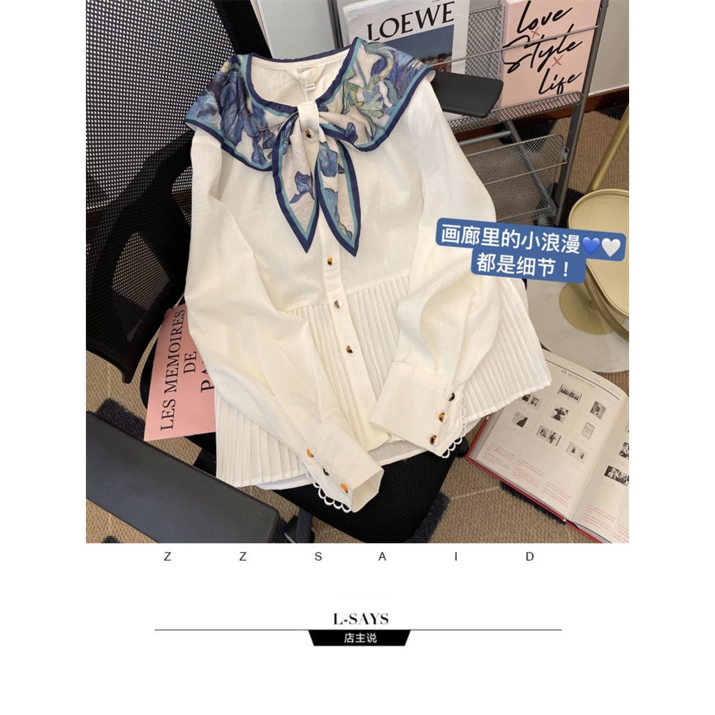 Áo kiểu màu trắng tay dài cổ màu xanh hải quân phong cách Pháp thời trang mùa xuân 2022