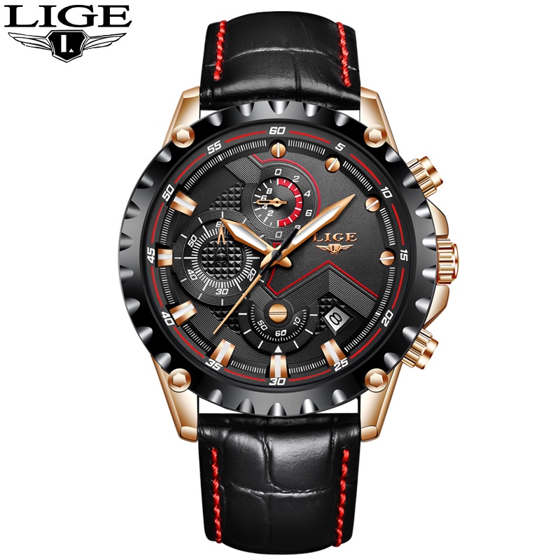 LIGE 9821 Men's Watch Military Sports Leather Analog Quartz Waterproof