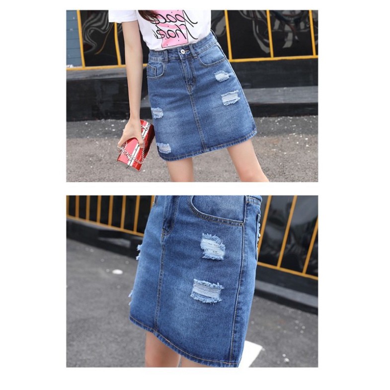 Quần Váy Jean Bigsize Co Giãn Mạnh DÀI 46cm - LƯNG CAO TRÊN RỐN - XANH ĐẬM RÁCH