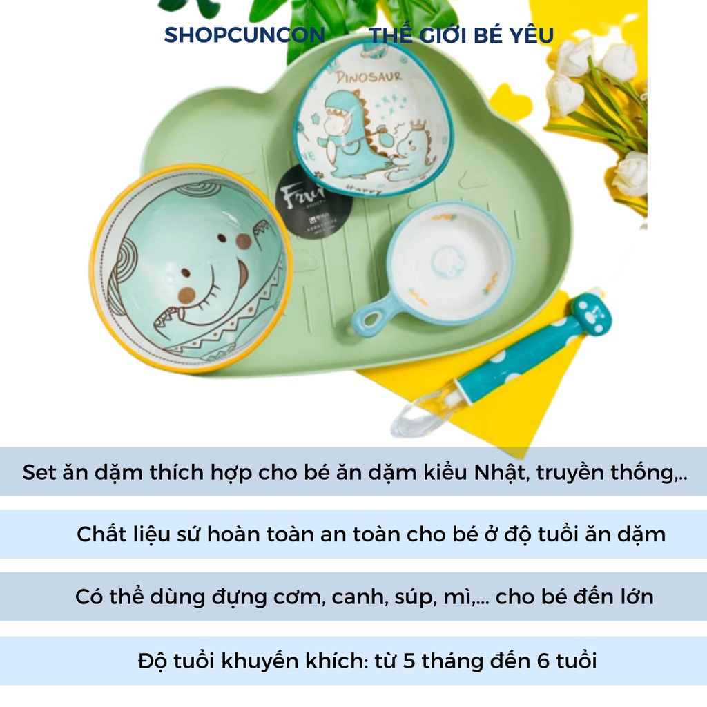 Chén ăn dặm gốm sứ mix sẵn theo màu kèm khay tặng thìa báo nóng ForYourBaby, bát ăn dặm sứ theo màu