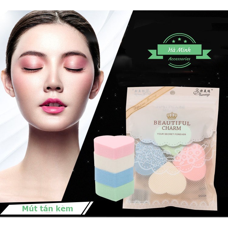 Bộ 4 Miếng Bông, Mút Trái Tim Tán Kem Nền Trang Điểm Beautiful Full Box