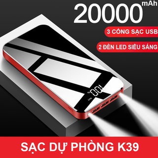 Sạc dự phòng 3 cổng usb, pin dự phòng 3 ổ usb 20000mah sạc k39 tặng kèm cáp sạc usb