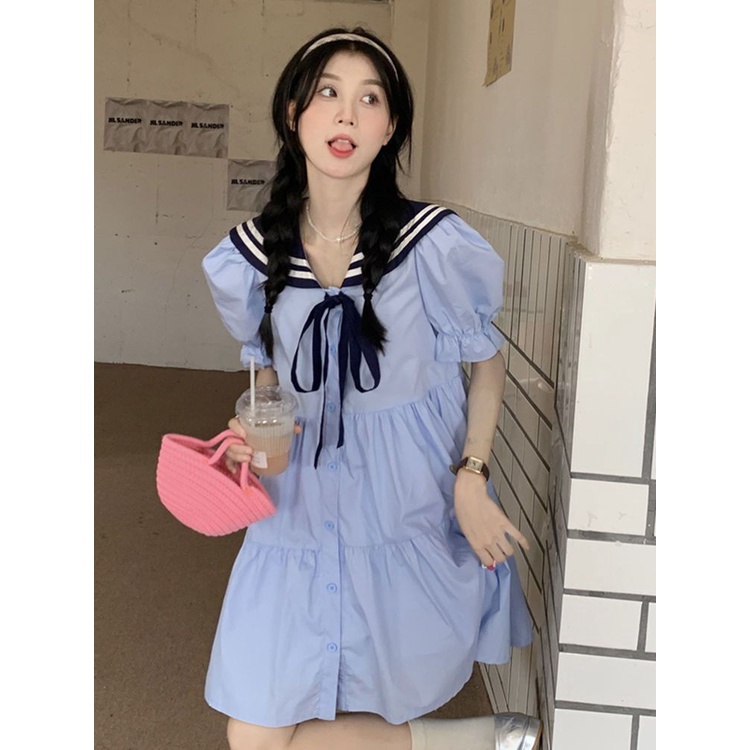 Đầm Chữ A Tay Ngắn Cổ Thủy Thủ Phong Cách Preppy Mẫu Mới 2022
