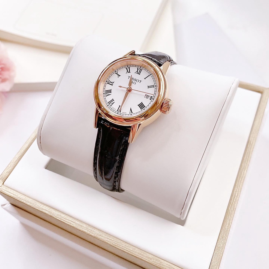 Đồng hồ Tissot nữ mặt tròn, dây da đen, viền vàng hồng T0852103601300