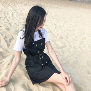 ORDER Đầm kate phối áo thun trắng kèm đai