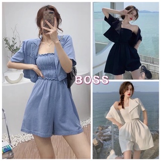 [Quà Tặng là 1 Dây Buộc Tóc] SET Đũi 3 Món (áo cổ vest hai dây quần short) 🦋 Jumpsuit/ đồ bộ/ váy nữ 3 màu xanh trắng đe
