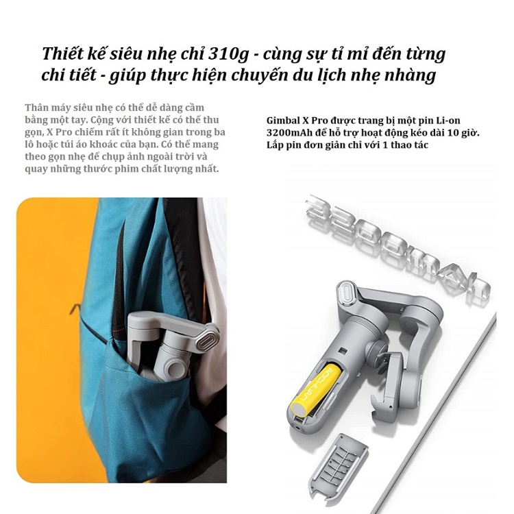Gimbal SMART X PRO, Tặng Chân, Gậy Selfie Chống Rung Cho Điện Thoại - Có Sạc Không Dây - Pin 3200 mAh - Đèn Led Trợ Sáng