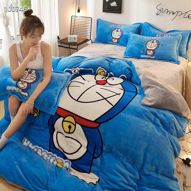 Bộ Chăn Ga Gối Nỉ Nhung 3D Cao Cấp - Doremon Nghiêm Túc