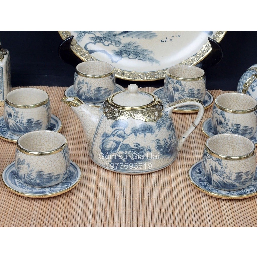 Bộ Ấm Chén Men Rạn Dáng Siêu Quai Sứ Bọc Đồng 550ml Gốm Bát Tràng( Bộ bình trà, uống trà)