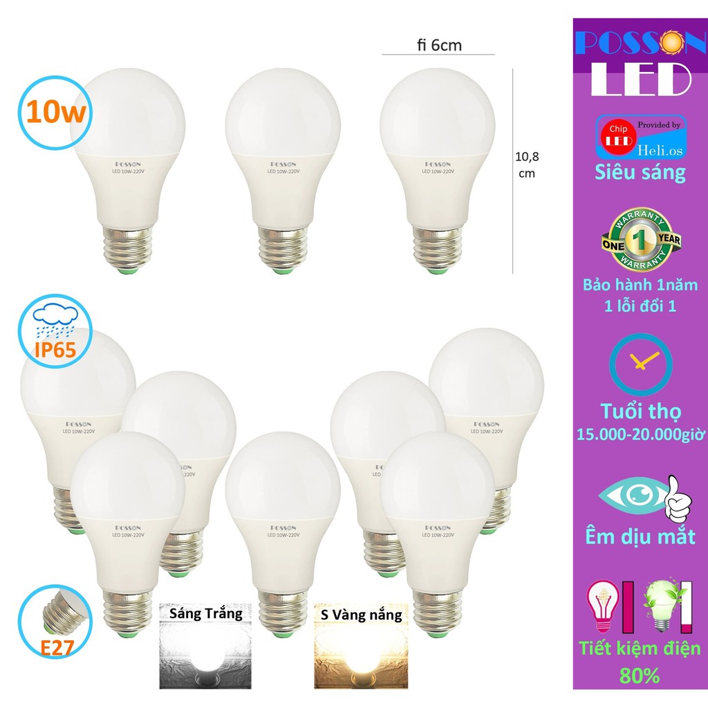 10 Bóng đèn Led 9w 10w bup tròn A60 tiết kiệm điện kín chống nước Posson SG LB-10x