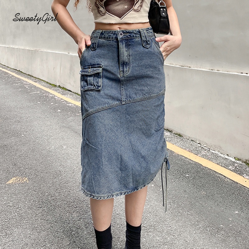 Chân váy jean Lưng Thấp Phối Nút Màu Trơn 2022 Cho Nữ