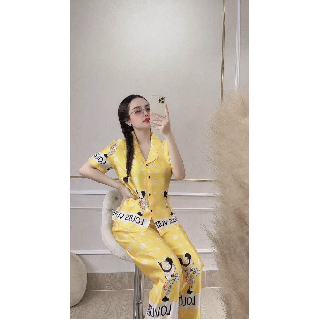 [FREESHIP 50K] Đồ Lụa Satin Pijama Nhistore Quần Dài Tay Ngắn Họa Tiết Hoạt Hình Dễ Thương Size 50-60kg