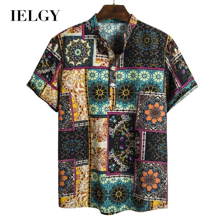 Áo sơ mi IELGY tay ngắn cổ đứng vải lanh in họa tiết hoa tông màu tối dành cho nam