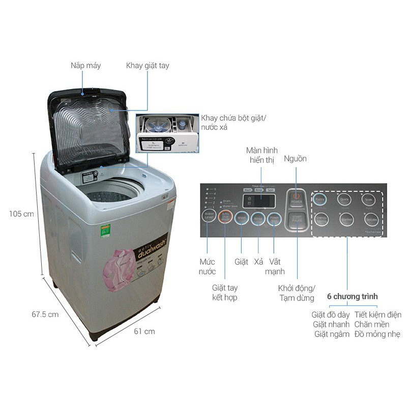 Máy giặt Samsung cửa trên 9kg màu sám WA90J5710SG Điện Máy Hải Đăng HN