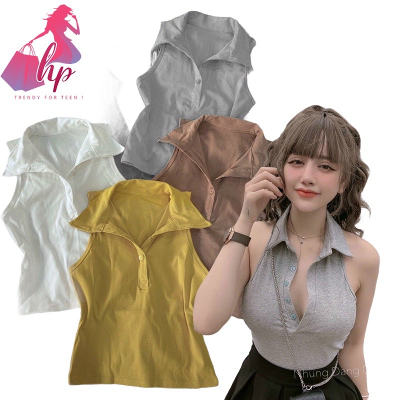 áo thun kiểu croptop ôm body cổ bẻ mẫu mới 2021
