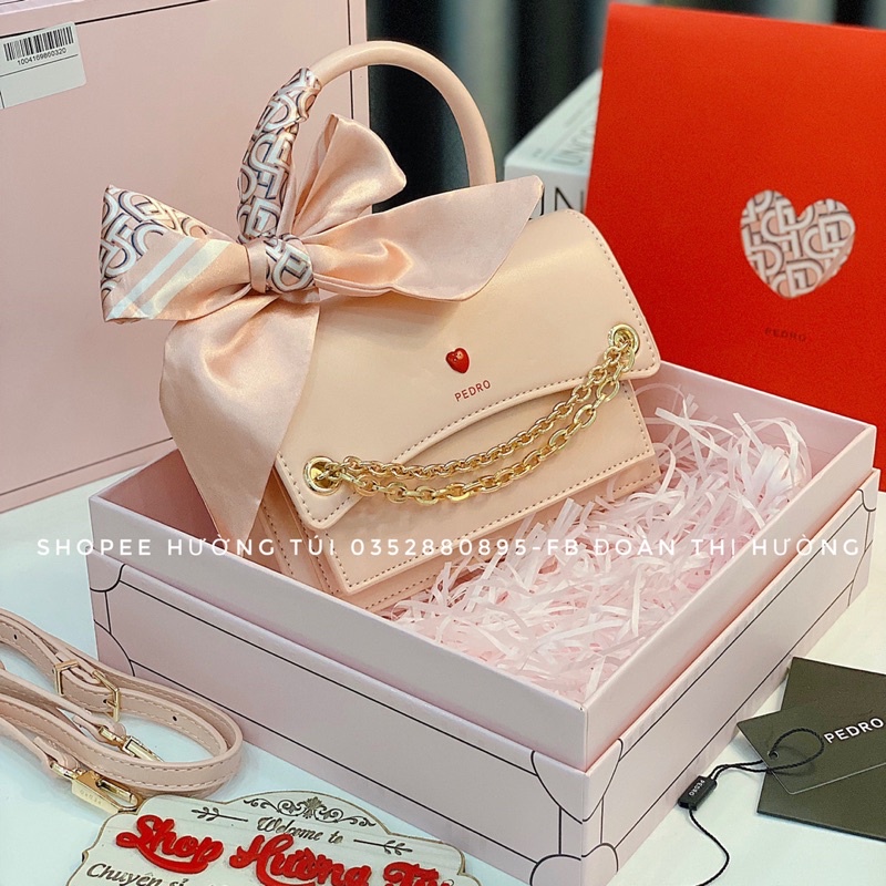 Túi Pê Đroo hồng quai xách size 22 có hộp đẹp