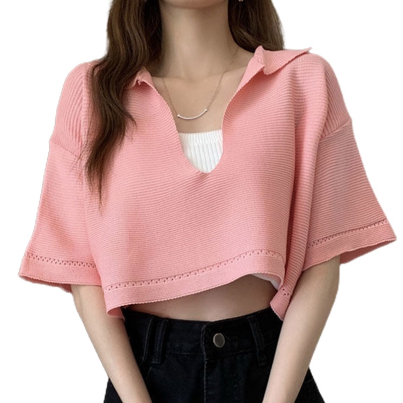 Áo Thun Croptop Dệt Kim Tay Ngắn Cổ V Xẻ Sâu Màu Trơn Thời Trang Mùa Hè Cho Nữ