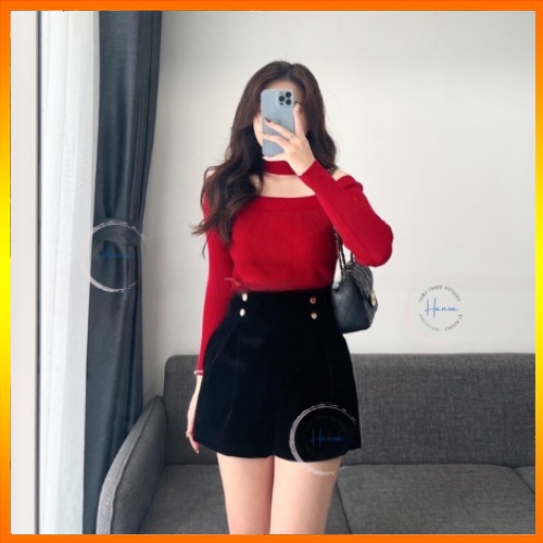 Quần Short Nhung Ống Rộng  Dáng Phồng Bản To Cạp Cao Khóa Sau Phối 4 Cúc Sang Chảnh Hanva