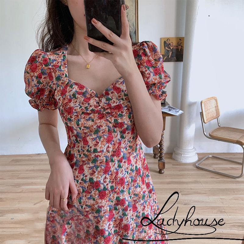 Đầm tay phồng họa tiết hoa ngọt ngào thời trang mùa hè cho nữ