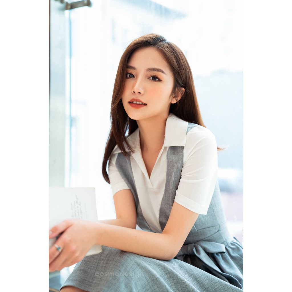 Váy Xoè Ghi Pha Trắng Thắt Dây Đai Eo