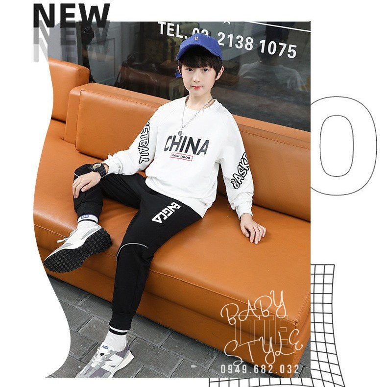 Bộ quần áo thu đông dài tay &quot;CH!NA&quot; 14-45kg cho bé trai 4-14 tuổi. Thiết kế năng động. Vải da cá dày dặn. B36