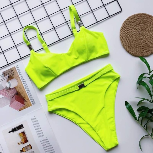 [BKN766] &lt;ÂU&gt; SET BIKINI BASIC XANH NEON KHUY INOX (CẠP CAO)