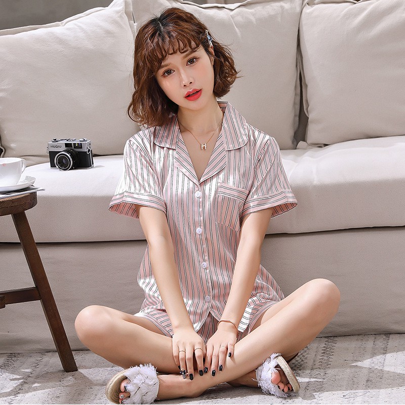 Pijama- Đồ Bộ Ngủ Lụa Cộc Cao Cấp Sang Chảnh Kẻ Sọc kèm ảnh thật CCLP06