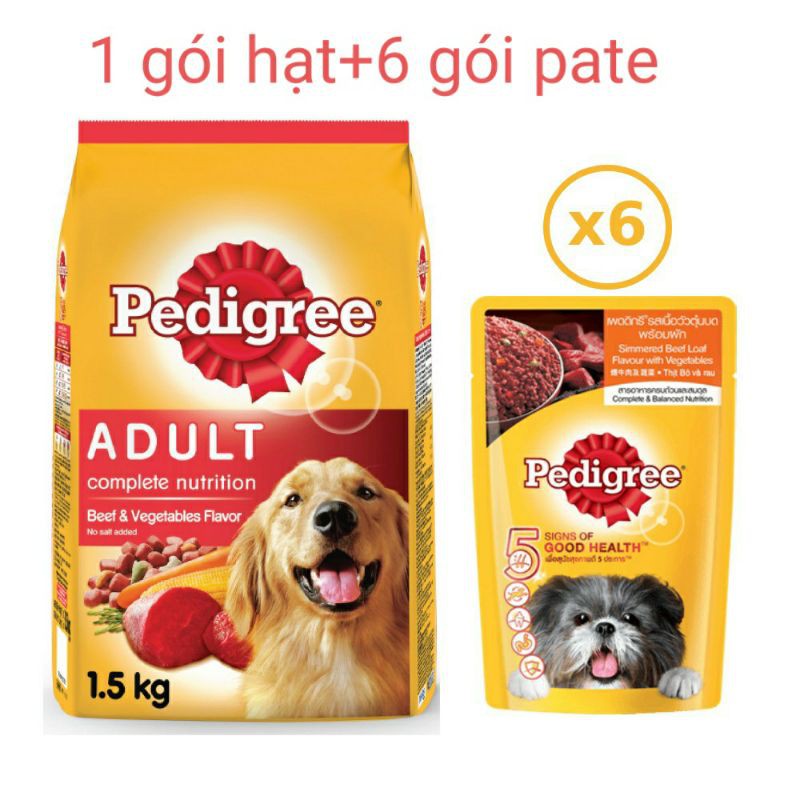 Bộ thức ăn hạt pedigree 1 gói 1 5kg + 6 gói pate 130g