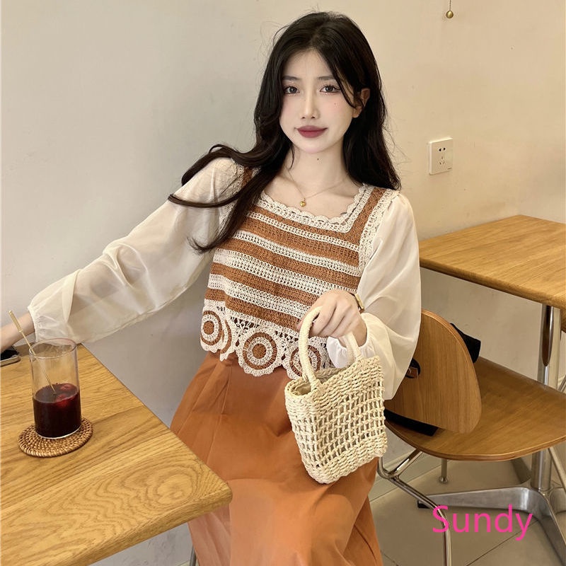 Áo Sơ Mi Chiffon Dệt Kim Tay Dài Cổ Vuông Phong Cách Hàn Quốc Thời Trang Mùa Thu Dành Cho Nữ
