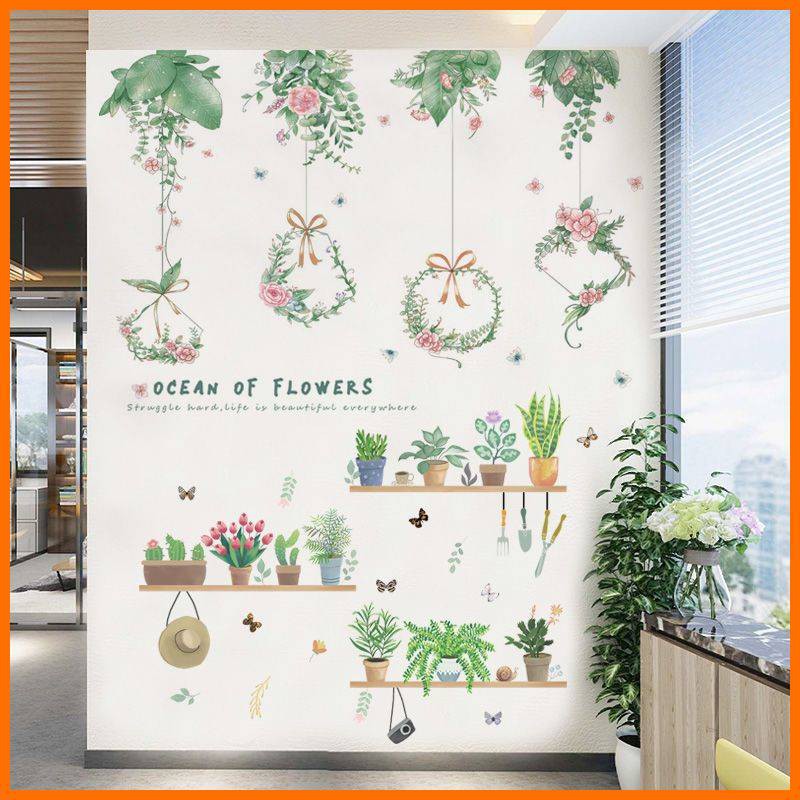 Decal dán tường decor ghép dây hoa kèm kệ chậu cây