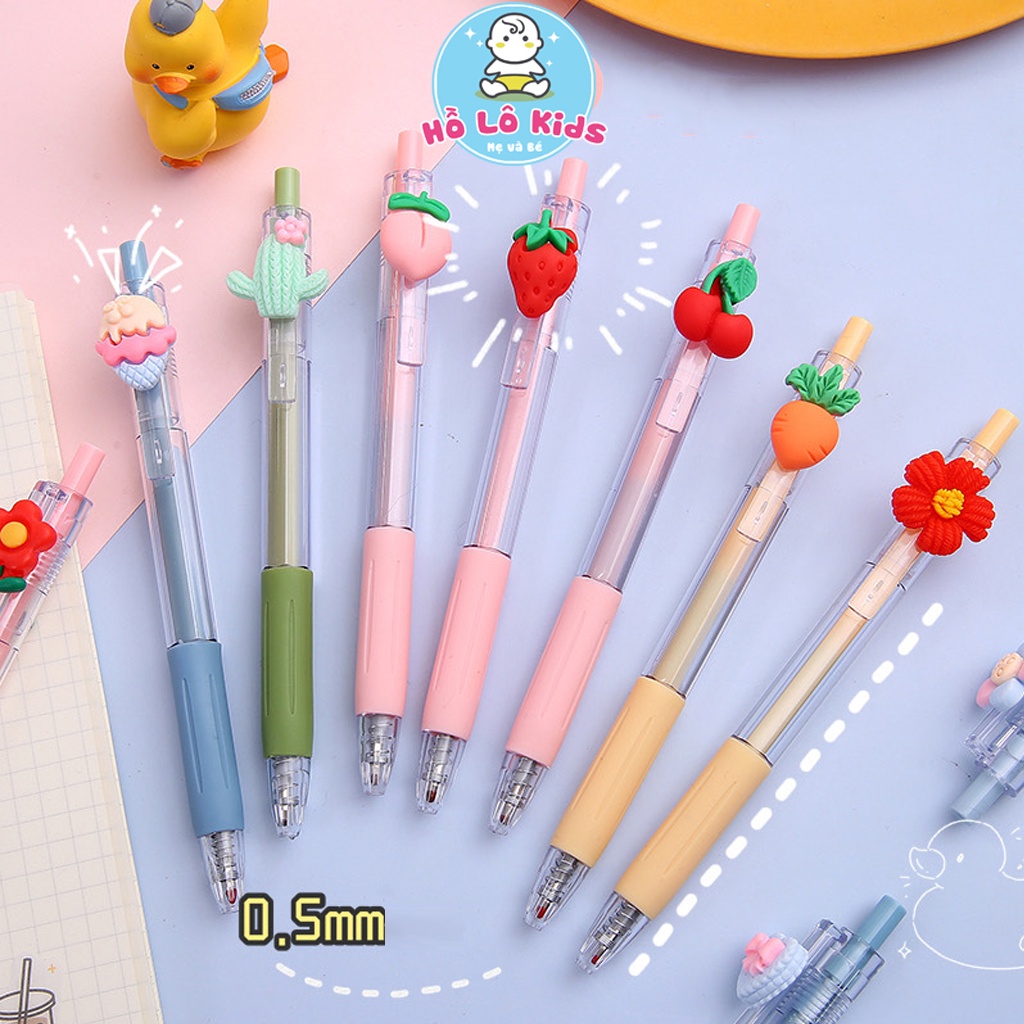 Bút bi nước cute mực đen ngòi 0.5mm, vỏ bút trong suốt gắn hoa quả dễ thương Hồ Lô Kids