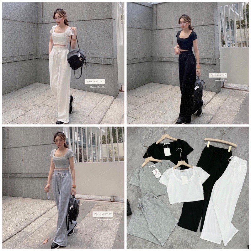❤️ Sét bộ cotton trơn croptop mix quần ống suông (ảnh thật chụp sàn