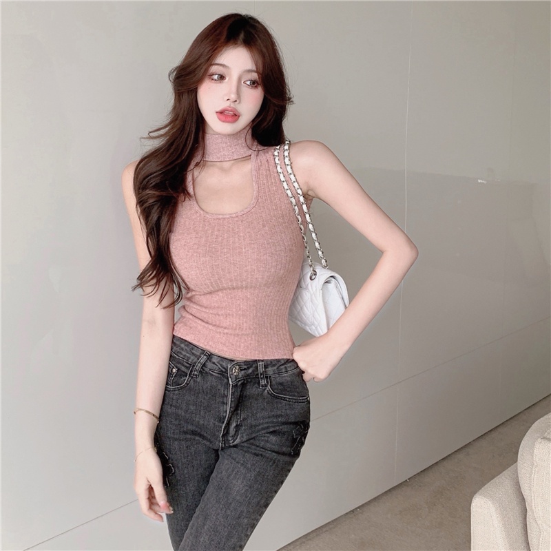 QADCOL Áo Sát Nách Dệt Kim Cổ Lọ Thiết Kế Quyến Rũ Cho Nữ