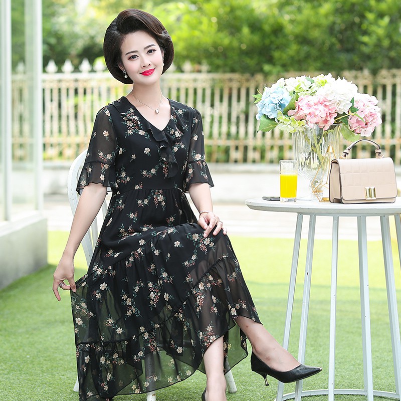 VÁY VOAN LỤA DÁNG XÒE 2 LỚP MÀU ĐEN HỌA TIẾT HOA NHỎ, VÁY HOA CHO NGƯỜI TRUNG NIÊN MỚI RẺ NHẤT 2021