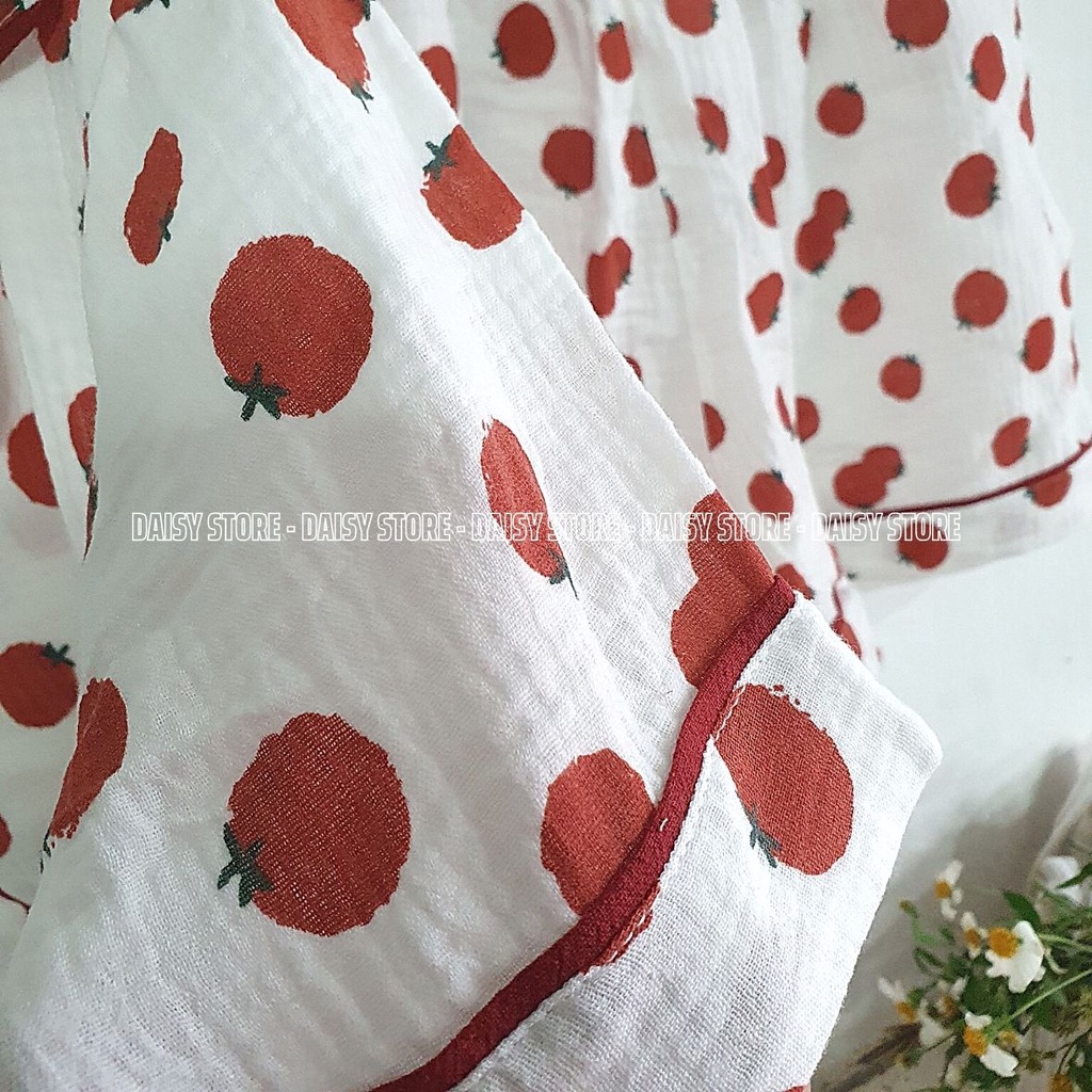 Pyjama mặc nhà đùi xô muslin họa tiết quả cà chua xinh xắn