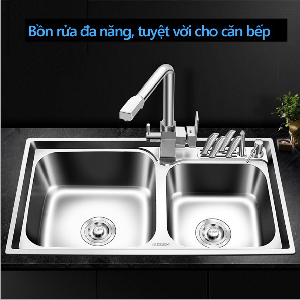 FU501 Chậu rửa chén bát, bồn rửa chén bát inox 304 không gỉ 2 ngăn có khe cắm dao, bồn rửa nhà bếp shopbenbo