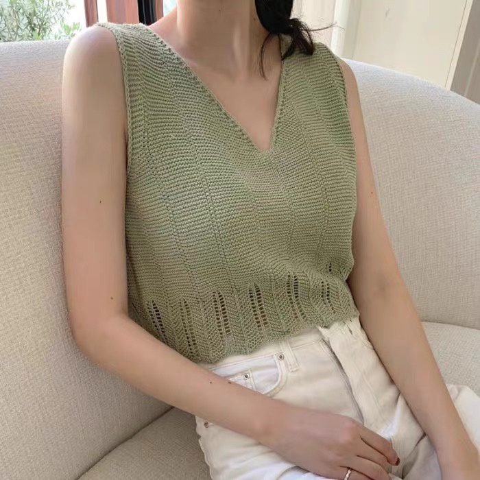 Áo ba lỗ len dệt kim nữ kiểu cổ V dáng rộng chất len mềm mịn hàng đẹp thiết kế Quảng Châu cao cấp trẻ trung