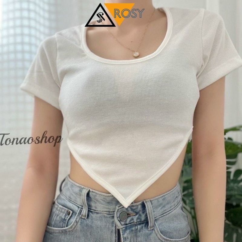Áo croptop tay ngắn thun trơn vạt nhọn siêu năng động cá tính