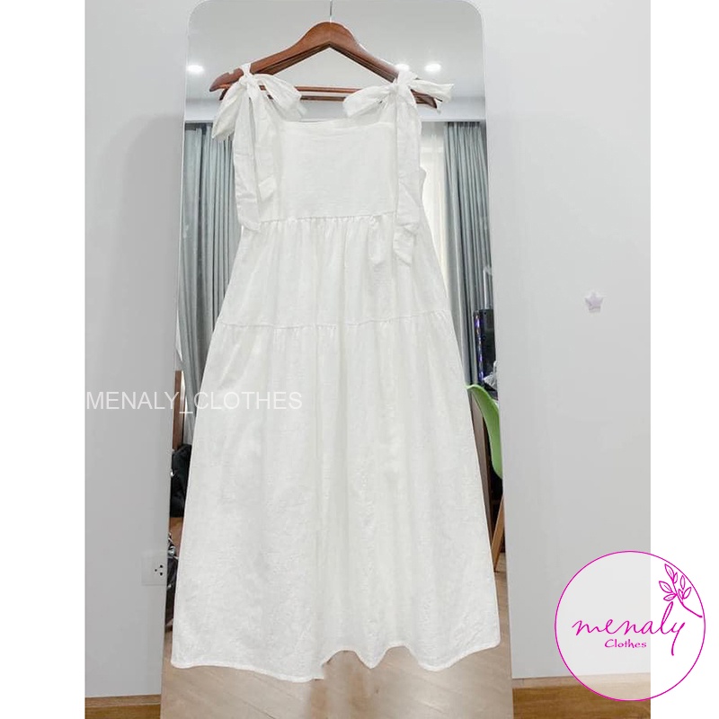 Váy babydoll dáng dài VH019, mẫu váy 2 dây bản to dáng váy ulzzang buộc nơ kiểu dáng đáng yêu, bầu bí bon chen được