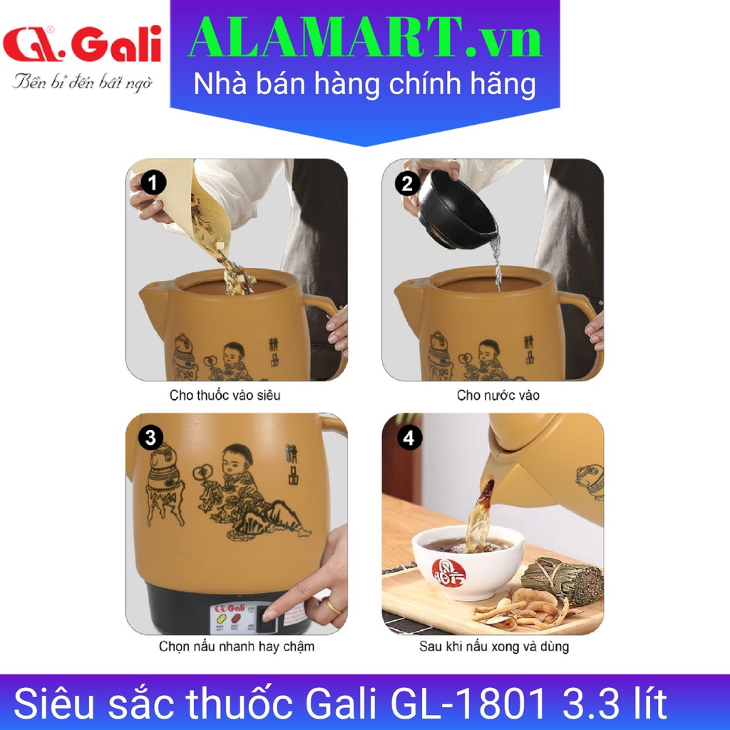 Ấm sắc thuốc điện 3.3 lít Gali GL-1801, siêu sứ tráng men cao cấp - Hàng chính hãng