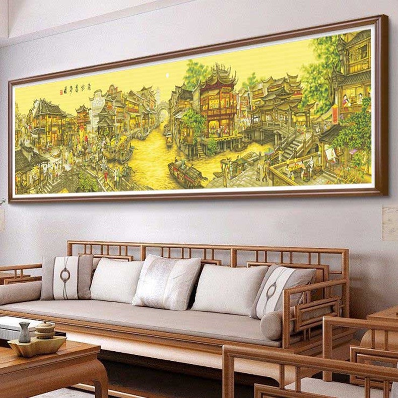 (VẢI NÂU) Tranh thêu chữ thập chỉ lụa phong cảnh Nam Hương cựu mộng 2 10