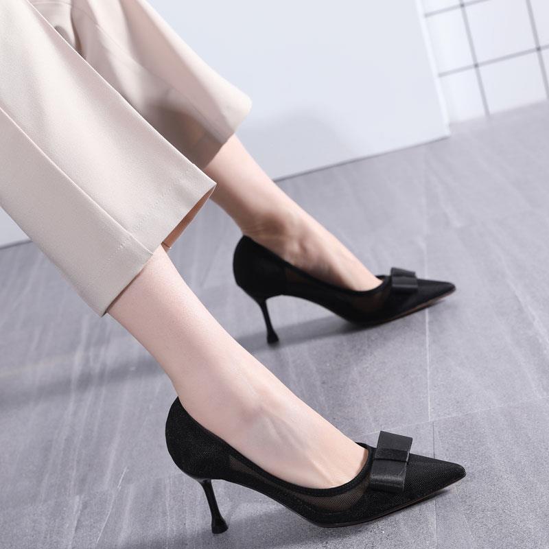 Giày Cao Gót 7CM Mũi Nhọn Phối Lưới Thoáng Khí Đính Nơ Thời Trang Xuân Hè 2021 Cho Nữ