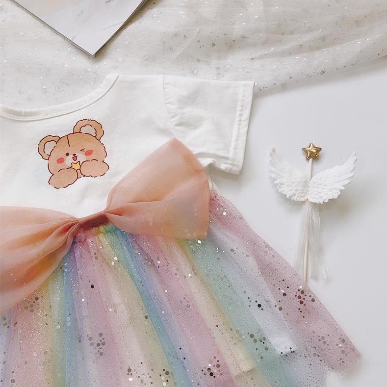 Áo Thun Tay Ngắn Phối Lưới Đính Nơ Màu Hồng Gradient Phong Cách Hàn Quốc Thời Trang Mùa Hè Hàng Mới Dành Cho Bé Gái 2022